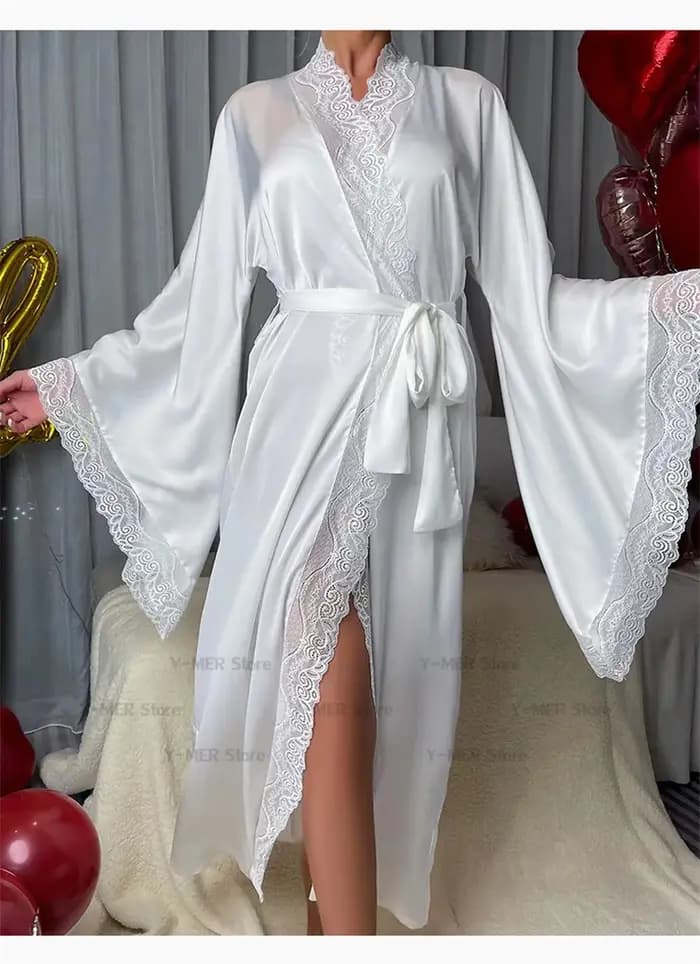 Peignoir Extra Long à grandes manches, couleur unie, vêtements de nuit pour dames, robe de chambre é