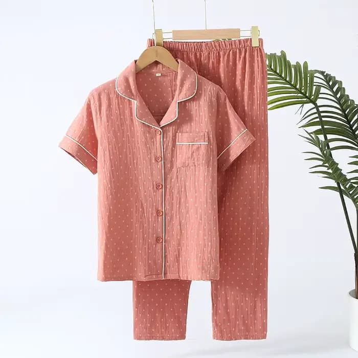 Ensemble pyjama en gaze 100% coton doux pour femmes, vêtements de nuit d'été respirants à pois, 2 pi