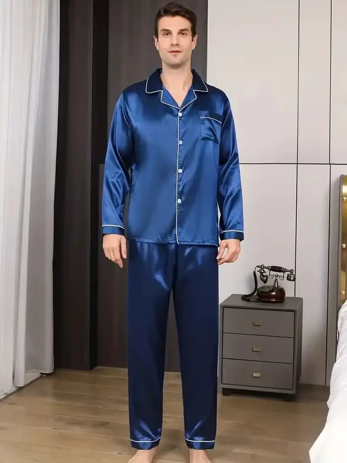 Nouveaux hommes pyjamas ensemble soie Satin vêtements de nuit pour homme chemise à manches longues P