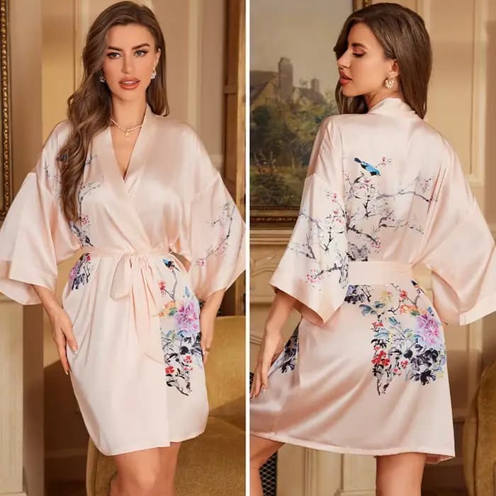 Robe de Nuit en Satin Bleu Marine à Imprimé Floral pour Femme, Kimono, Peignoir, Vêtement de Maison, Printemps et Été