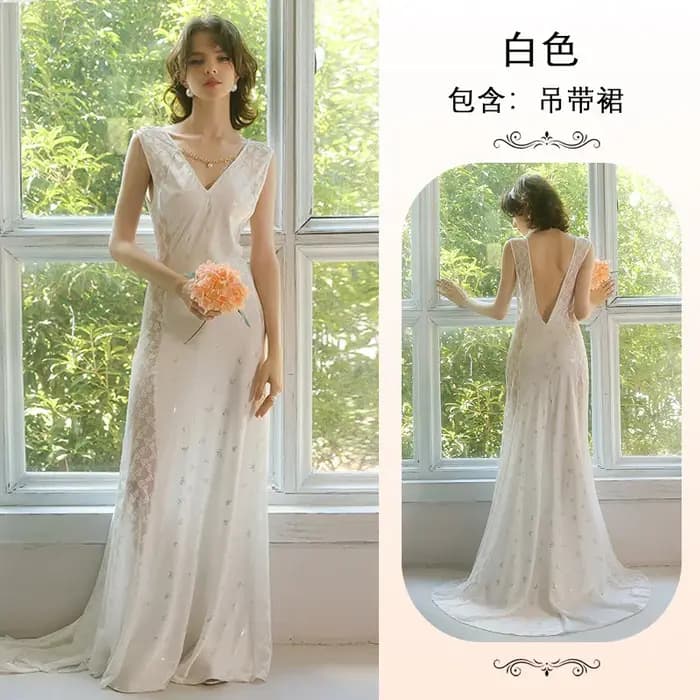 Robe de nuit de luxe pour femme blanche longue style princesse en polyester et élasthanne col en V ajustée pour nuit d'été