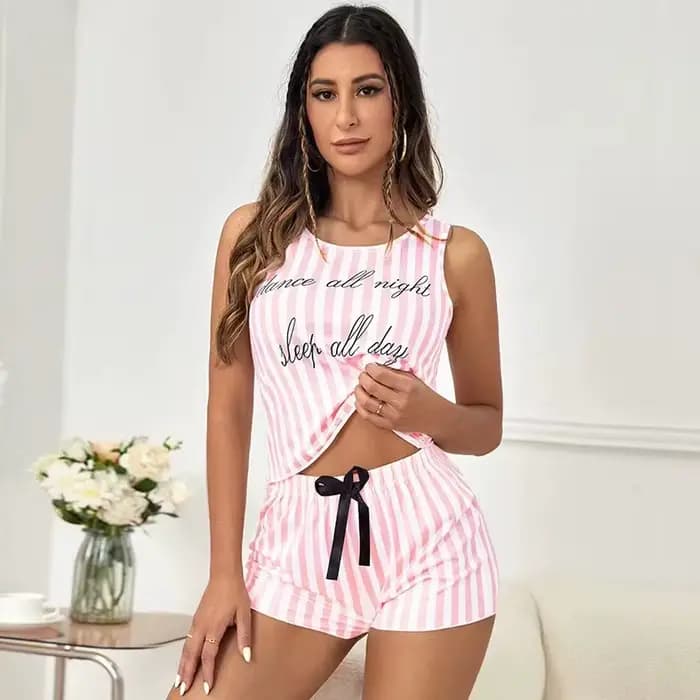 Pyjamas pour femmes été rayure pyjama imprimé Faux coton col rond
