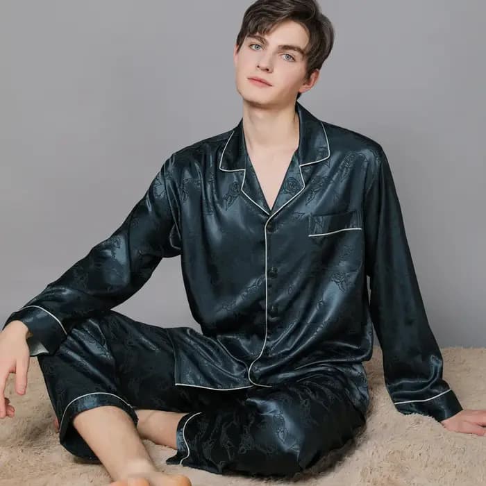 Grande taille 3XL 4XL hommes vêtements de nuit Pyjamas ensemble soyeux Satin Jacquard 2 pièces chemise et pantalon Pijamas costume printemps automne Homewear Pyjama