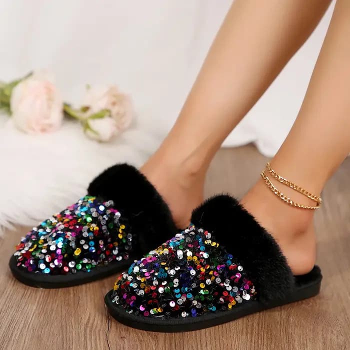 Pantoufles d'intérieur en fourrure de tissu à paillettes de luxe pour femmes