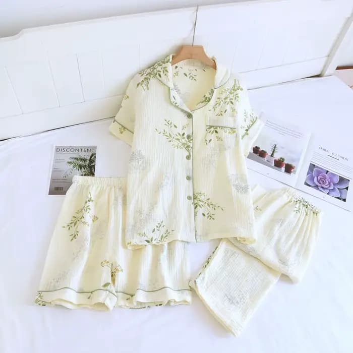Ensemble pyjama trois pièces en crêpe de coton pur pour femme