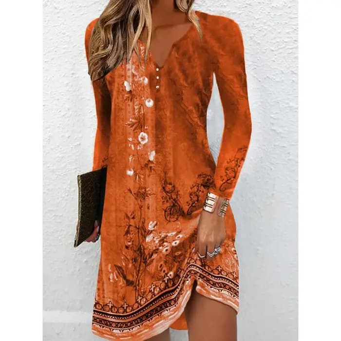 Robe tunique à imprimé floral manches longues col en V coupe régulière en polyester pour femme confort printemps été