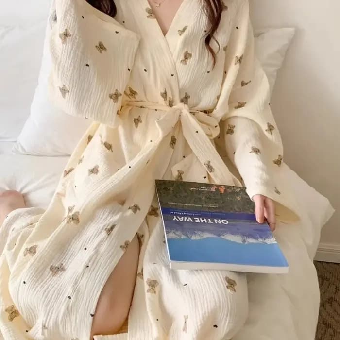 Robe de nuit femme printemps et automne nouveau Style japonais Ins mignon peignoir ours à manches longues décontracté