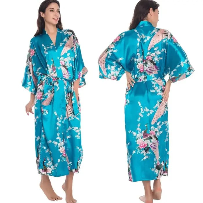 Style chinois imprimé femmes longue Robe chemise de nuit rétro Satin vêtements