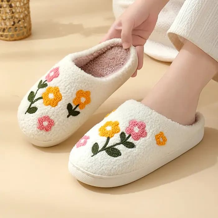 Mignon fleur broderie maison pantoufles femmes confortable semelle souple antidérapant intérieur coton