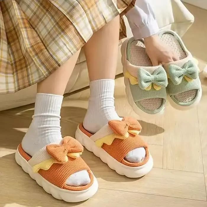 1 paire antidérapant nœud papillon femme lin pantoufles semelle épaisse orteil et trou nœud