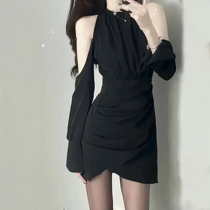 Robe noire courte à manches longues pour femmes, Mini Sensuelle, Tenues Femme, Sexy, Élégante, Aole