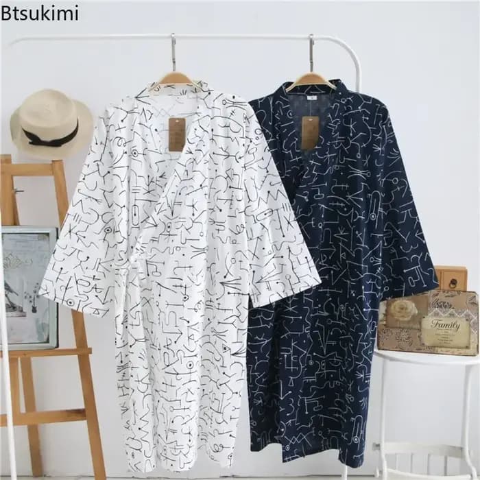 2026 hommes Pyjamas Robes coton demi manches bleu blanc couleurs feuilles impression été