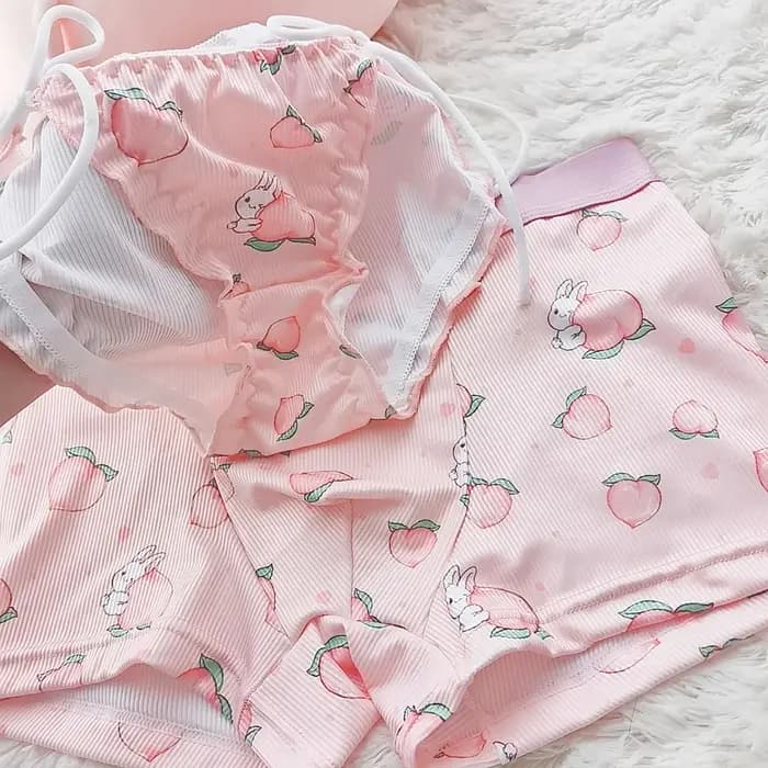 2 pièces mignon Couple ensemble de sous-vêtements hommes Boxer Shorts Loli dentelle culotte fil coton