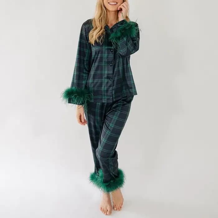 Noël femmes 2 pièces pyjama ensemble à manches longues gland clapet revers boutonné chemise hauts pantalons vêtements
