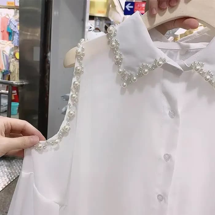 Mode femmes vêtements mince perle hauts en mousseline de soie lâche épaules nues Blouse 2025 printemps été revers