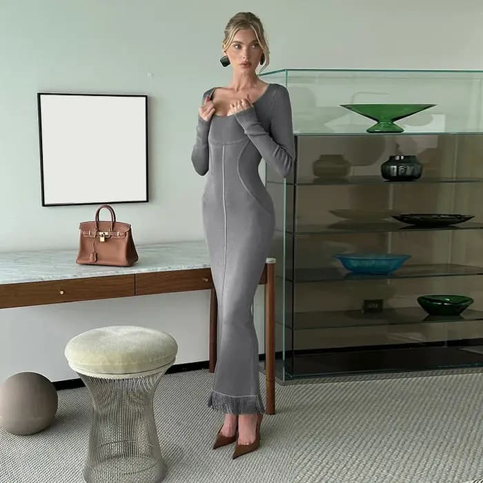 2025 nouveau Vintage Sexy col rond Robe mince femmes mode solide à manches longues taille haute hanche poche robes été