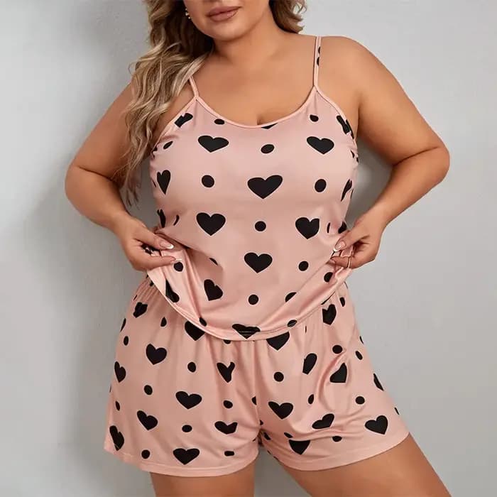 Plus Size Women Pajama Set Sleeveless O Neck Top & Elastic Waist Shorts Heart Print 2 Pieces Female Sleepwear Nightwear