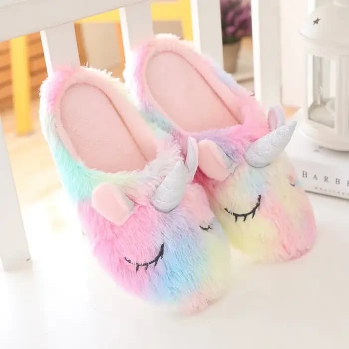 Pantoufles d'intérieur en peluche arc-en-ciel pour femmes, chaussures colorées Kawaii pour la maison
