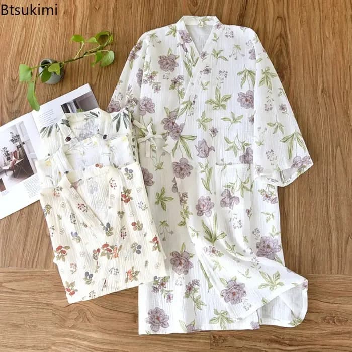 Robe Kimono Femme 2026 – Peignoir 100% Coton Ample à Imprimé Floral