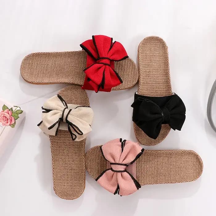 Mntrerm 2024 nouvelles espadrilles décontractées pour la maison pantoufles été nœud-noeud doux sol femme chaussures plates d'intérieur mignon lin pantoufle Terlik
