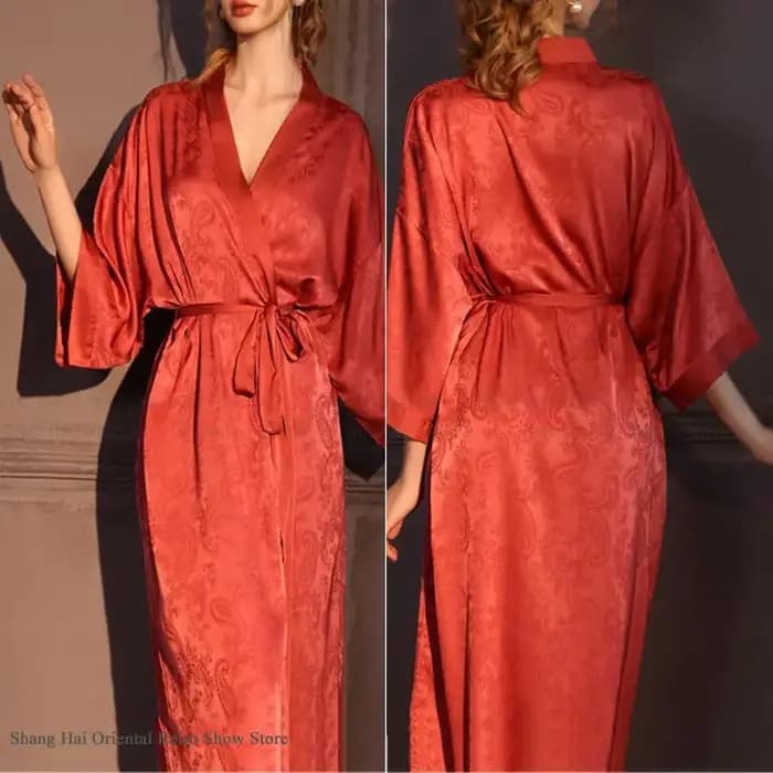 Luxe Jacquard longue Robe chemise de nuit femmes demi manches Kimono peignoir