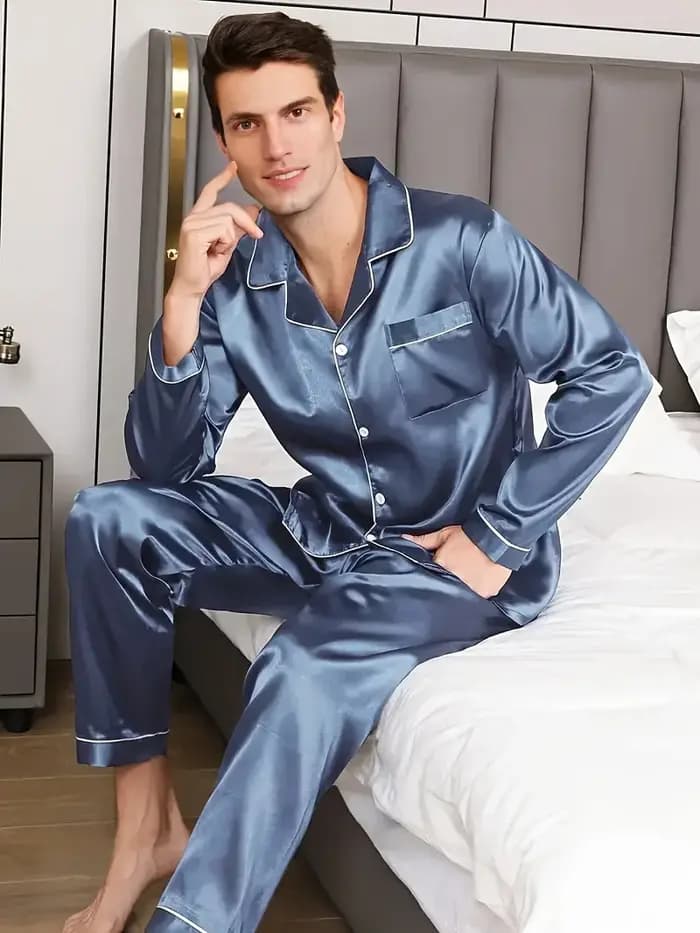 Hommes pyjama ensembles vêtements de nuit en microfibre pour dormir homme chemise Satin à manches lo