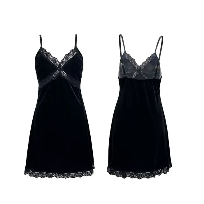 Chemise de nuit en velours pour femme, chemise de nuit sexy en V profond, patchwork de dentelle, jup