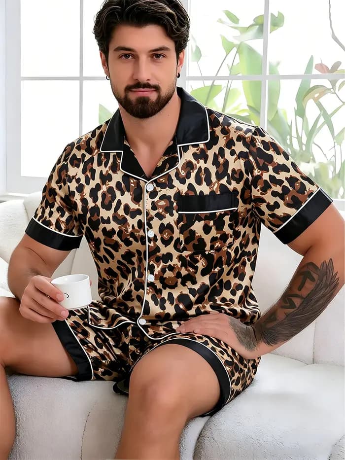 Ensemble de pyjama pour homme en satin à rayures imprimées, manches courtes, doux et confortable, vê
