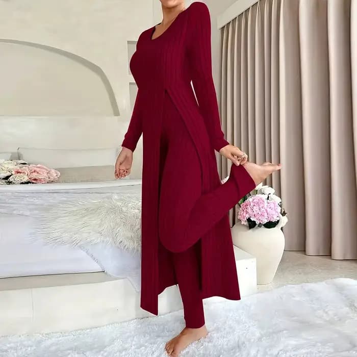 Ensemble de tenues décontractées pour femmes, vêtements de maison, couleur unie, côtelé, manches longues, col rond, ourlet fendu, haut et pantalon, ensemble 2 pièces, automne et hiver