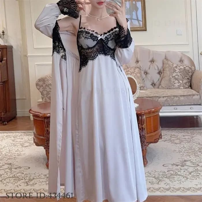 Femmes longue Twinset Robe ensemble Sexy dentelle garniture mariage peignoir Kimono