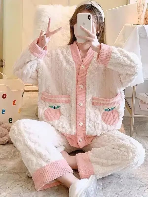 Ensemble de pyjama en polaire corail pour femme, collection automne-hiver, longue chemise de nuit ép