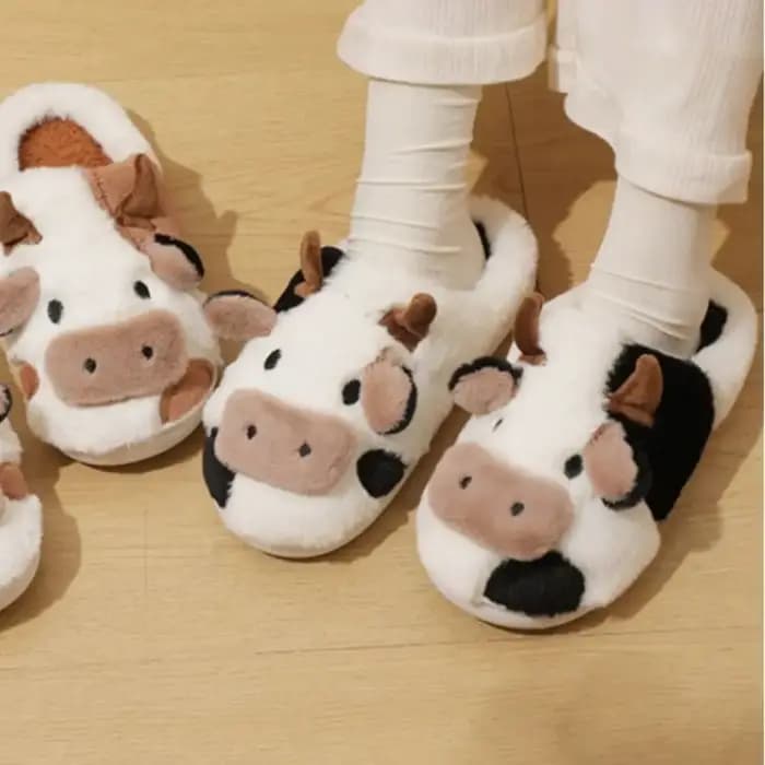1 paire de pantoufles en forme de vache Kawaii antidérapantes