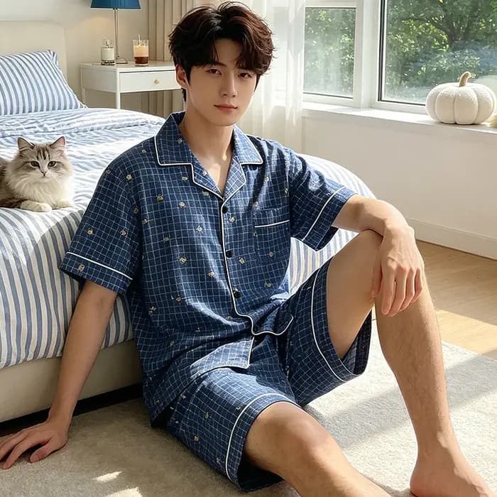 Pyjama pour homme à manches courtes et short, nouveau modèle haut de gamme à carreaux, vêtements de