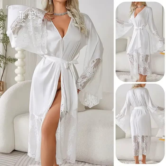 Femmes Robe longue élégante Kimono peignoir mariée cadeau de mariage Robe dentelle Patchwork chemise