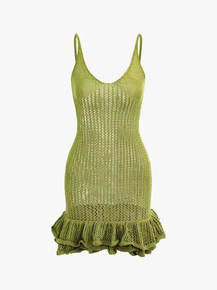 Mini robe en tricot à volants pour femmes, robe camisole à ourlet ouvert, robes en tricot au crochet