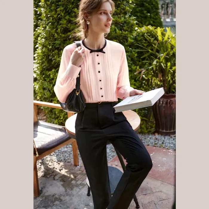 Chemisier en Chiffon OLrain pour Femme 2026 Rose Épissé Col Rond Nœud Bouton Blouse de Bureau Manches Longues Élégante M56QC52985