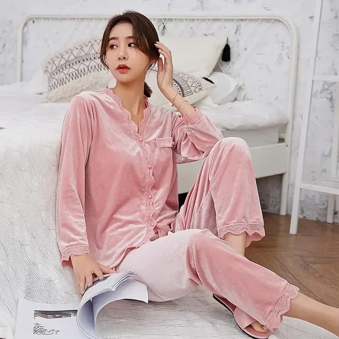 Nouveau velours vêtements de nuit femmes dentelle douce à manches longues deux pièces ensemble peut être porté à