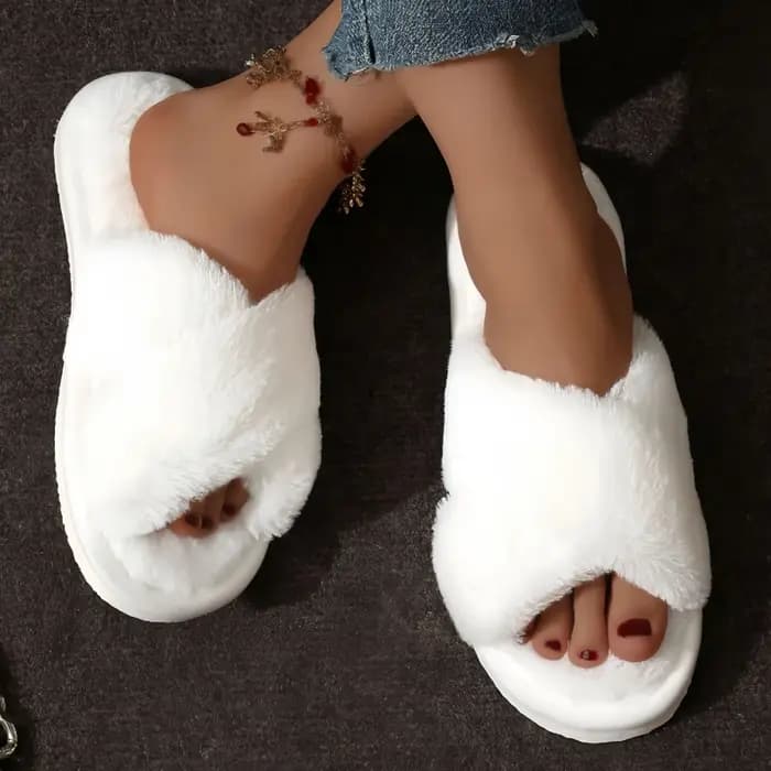 Croix chaud moelleux fourrure pantoufles femmes léger talons plats