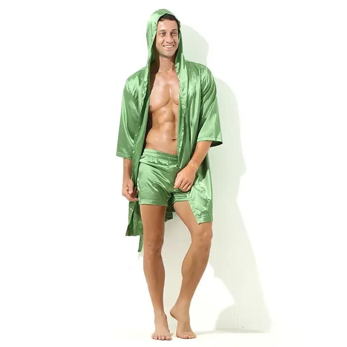 Homme Robe à capuche soie Satin Kimono vêtements de nuit demi manches peignoir