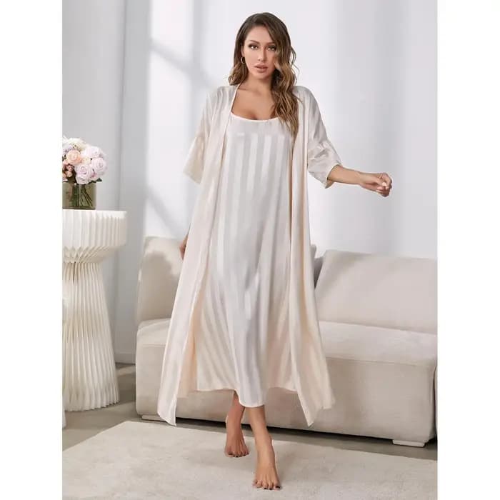 Élégant femme longue Robe chemise de nuit ensemble vêtements de détente rose rayure soie Satin Kimono peignoir