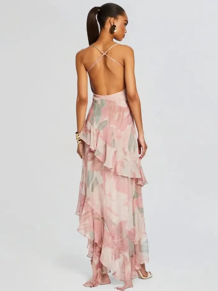 Robe longue d'été sexy à bretelles spaghetti imprimée avec volants fendus pour femme