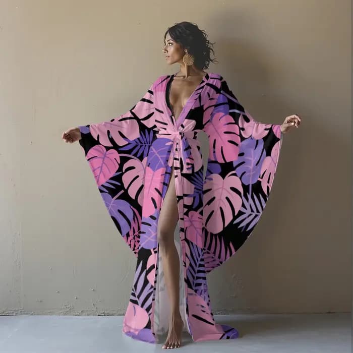 Peignoir Kimono Sexy imprimé feuilles tropicales pour femmes