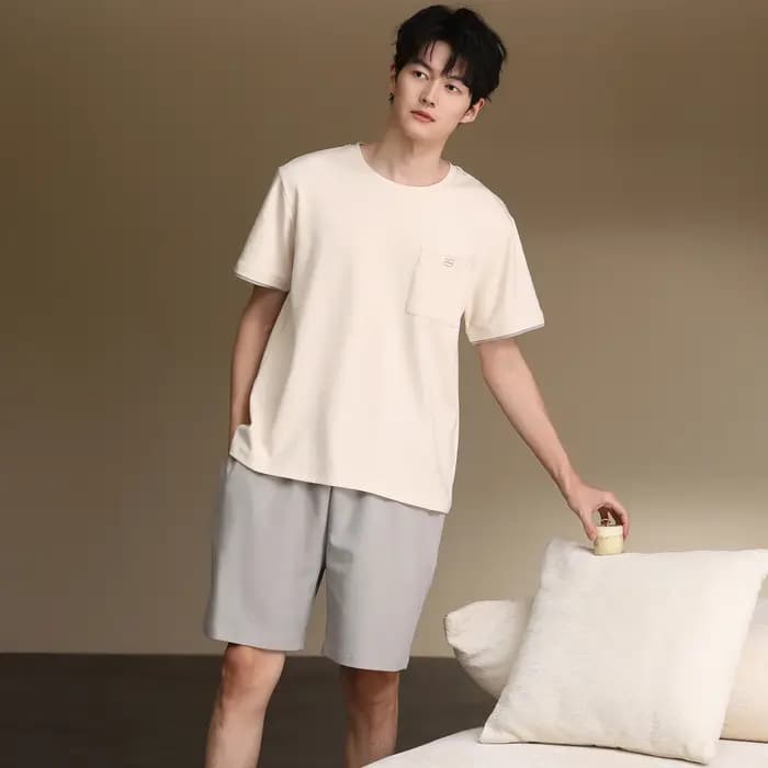 Pyjama Homme 100% Coton Tendance Manches Courtes et Short Ensemble 2 Pièces Été Pijama Hombre Cadeau Confort Maison