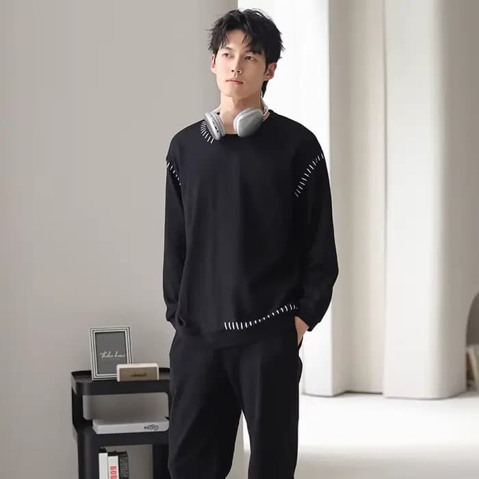 Hommes pyjamas ensemble 100% coton solide vêtements de nuit mâle à manches longues