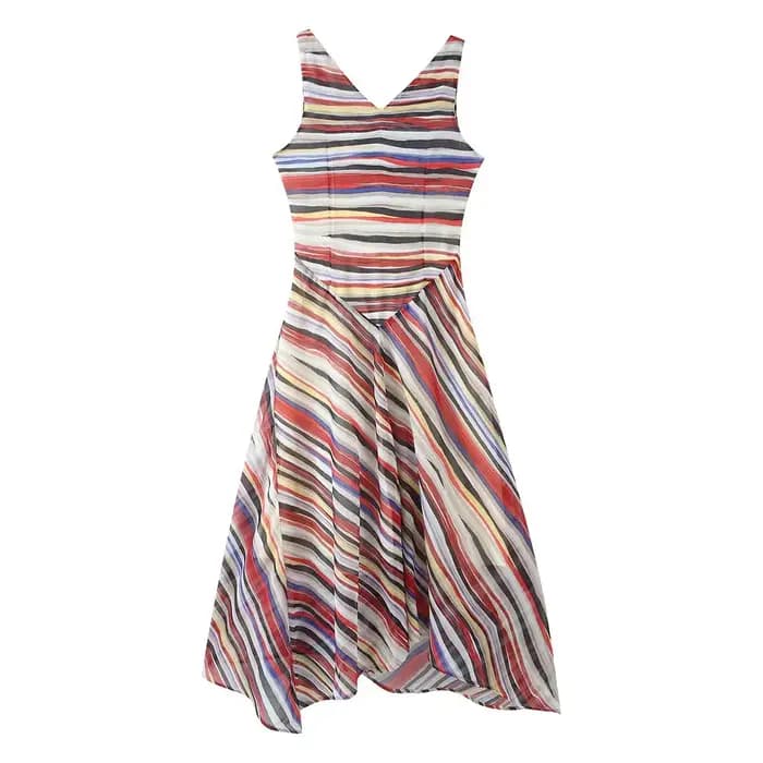 Robe longue chic sans manches à rayures et bretelles spaghetti pour femme