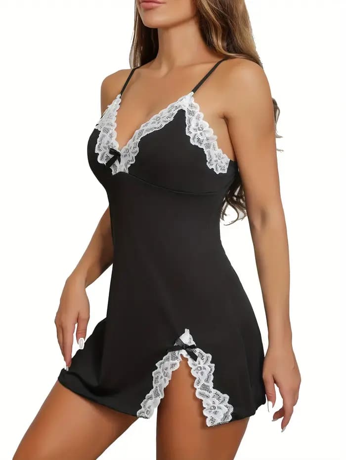Été dentelle Sexy pur noir sans manches nuisettes femmes vêtements de nuit Lingerie col en v chemise