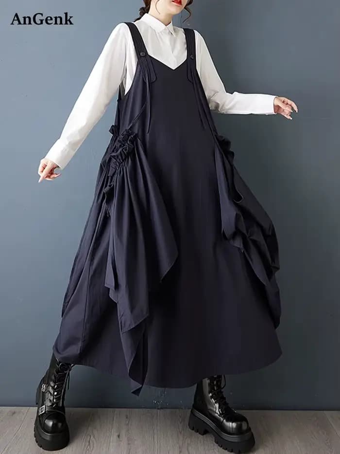 Robe plissée sans manches noire Vintage à bretelles pour femmes