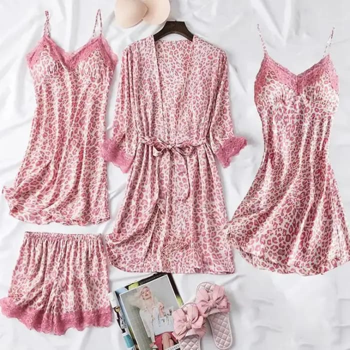 Imprimé léopard 4 pièces ensemble de sommeil Pyjamas femme ample Satin