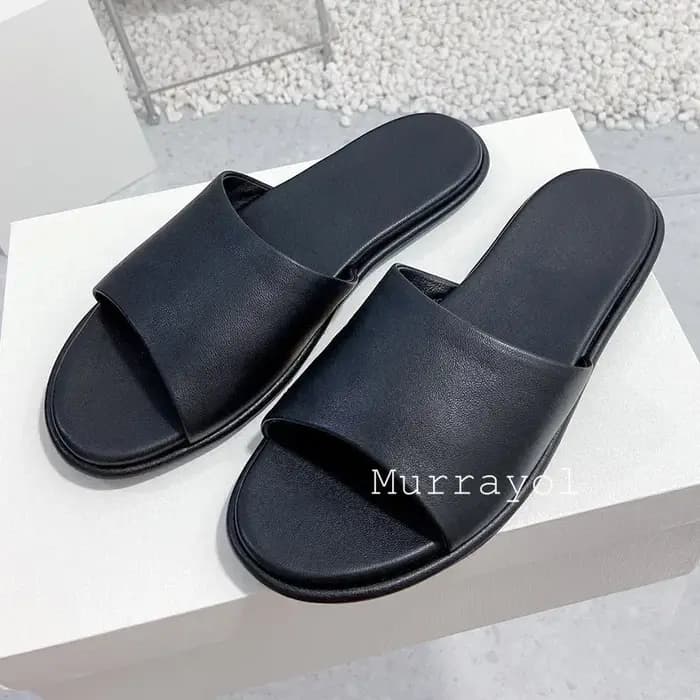 Pantoufles en cuir véritable de couleur unie pour femmes, pantoufles plates à bout ouvert, sandales