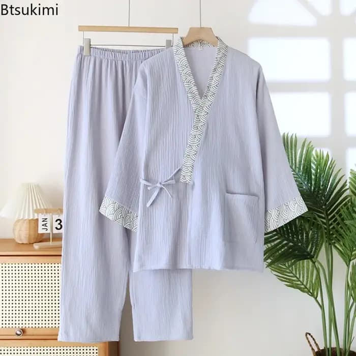 Ensemble pyjama homme 2026 : Kimono et pantalon à manches longues en coton crêpe pour l'automne et le printemps